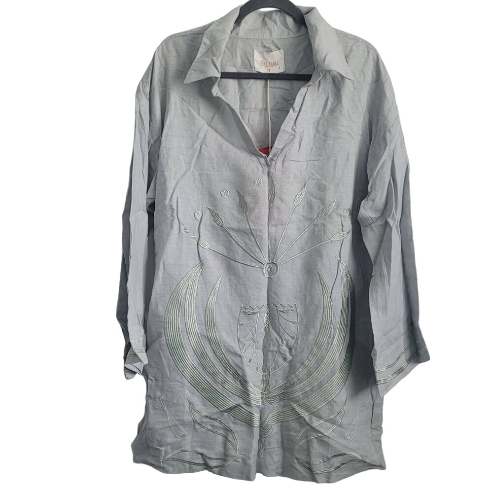 NEW AETHER CONCEPT Women's Linen Collared Shirt Gray/Green Size S